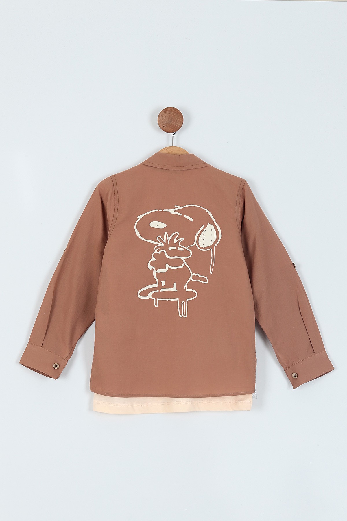 Bej (6-9 Yaş) Snoppy Baskılı Cepli Gömlek Tişört 2Lİ Erkek Çocuk Takım 217724