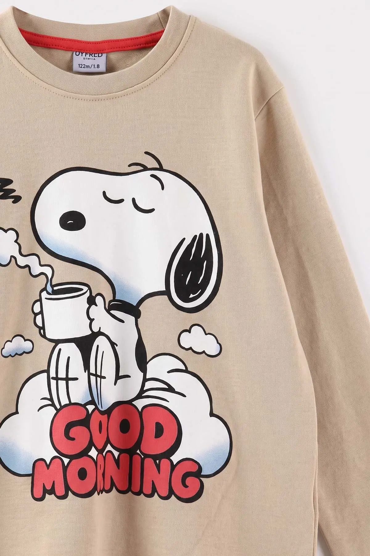 Bej (7-11 Yaş) Good Morning Baskılı Ribana Kumaş Kız Çocuk Pijama Takımı 477071