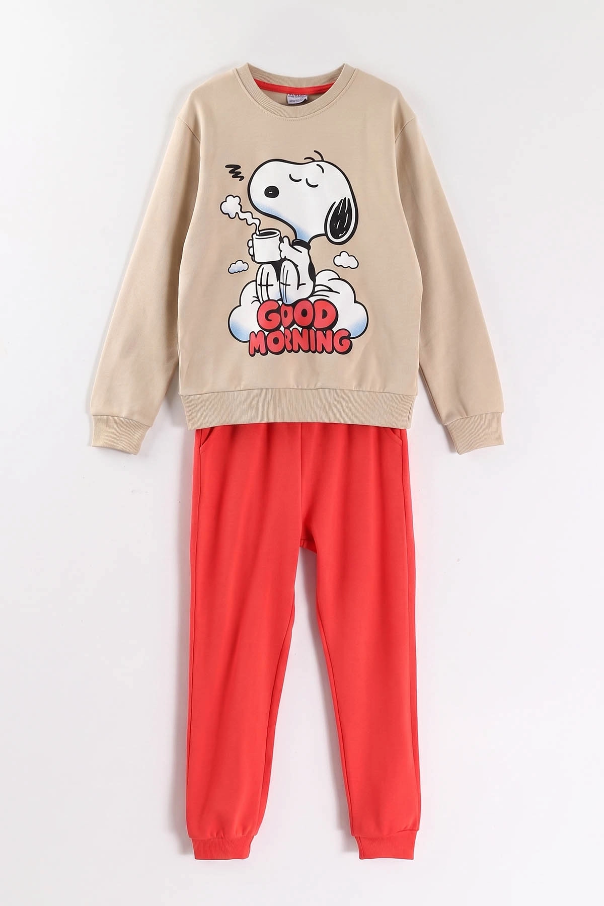 Bej (7-11 Yaş) Good Morning Baskılı Ribana Kumaş Kız Çocuk Pijama Takımı 477071