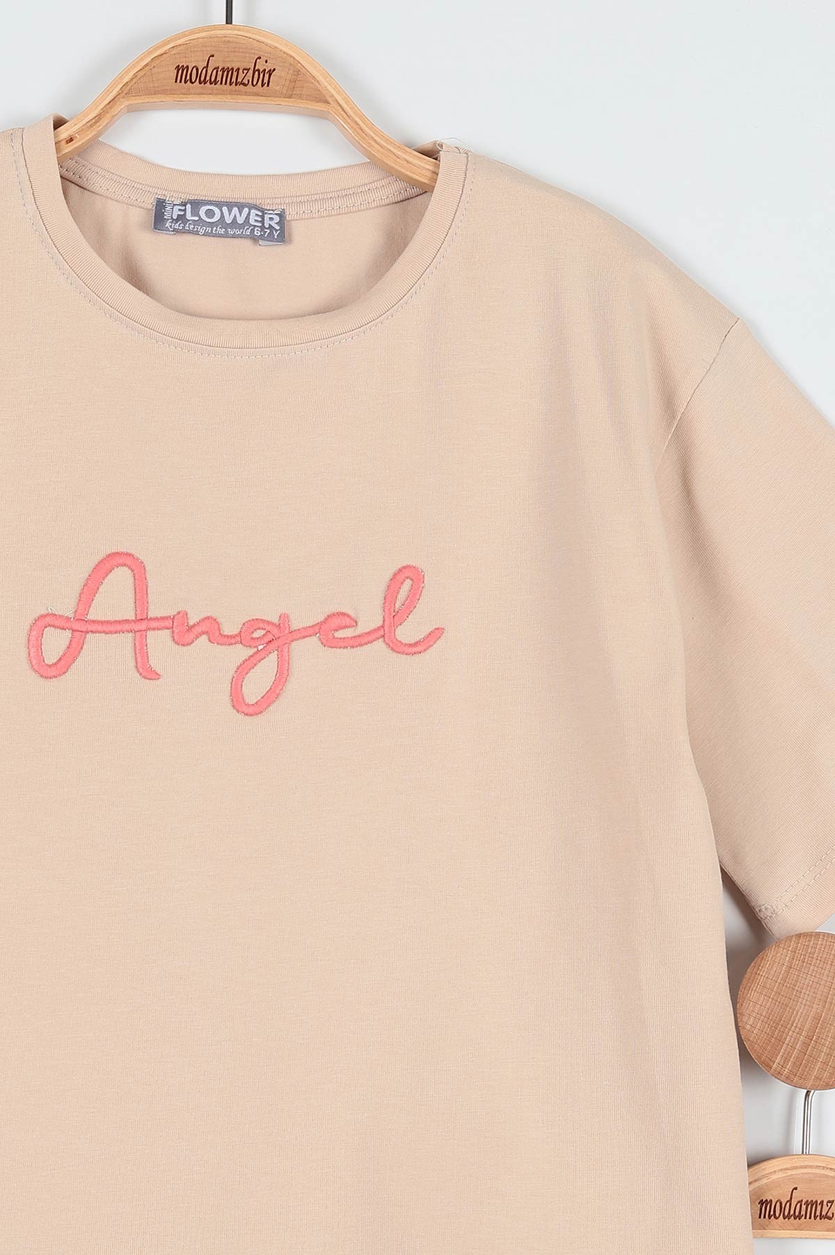 Bej (7-12 Yaş) Angel Nakışlı Fırfırlı Cep Detaylı Kız Çocuk Takım 190013