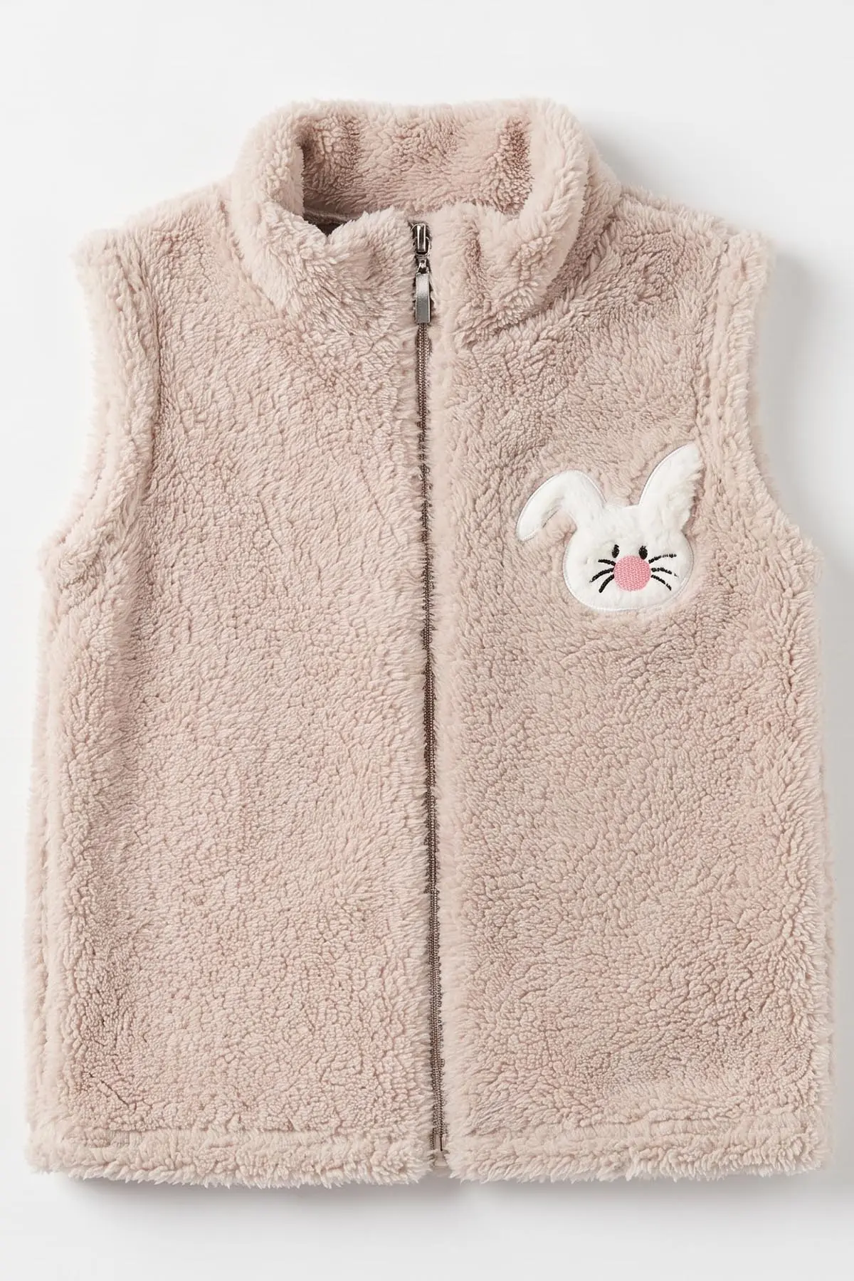 Bej (7-12 Yaş) Tavşan Nakışlı  Peluş Kız Çocuk Yelek 497989