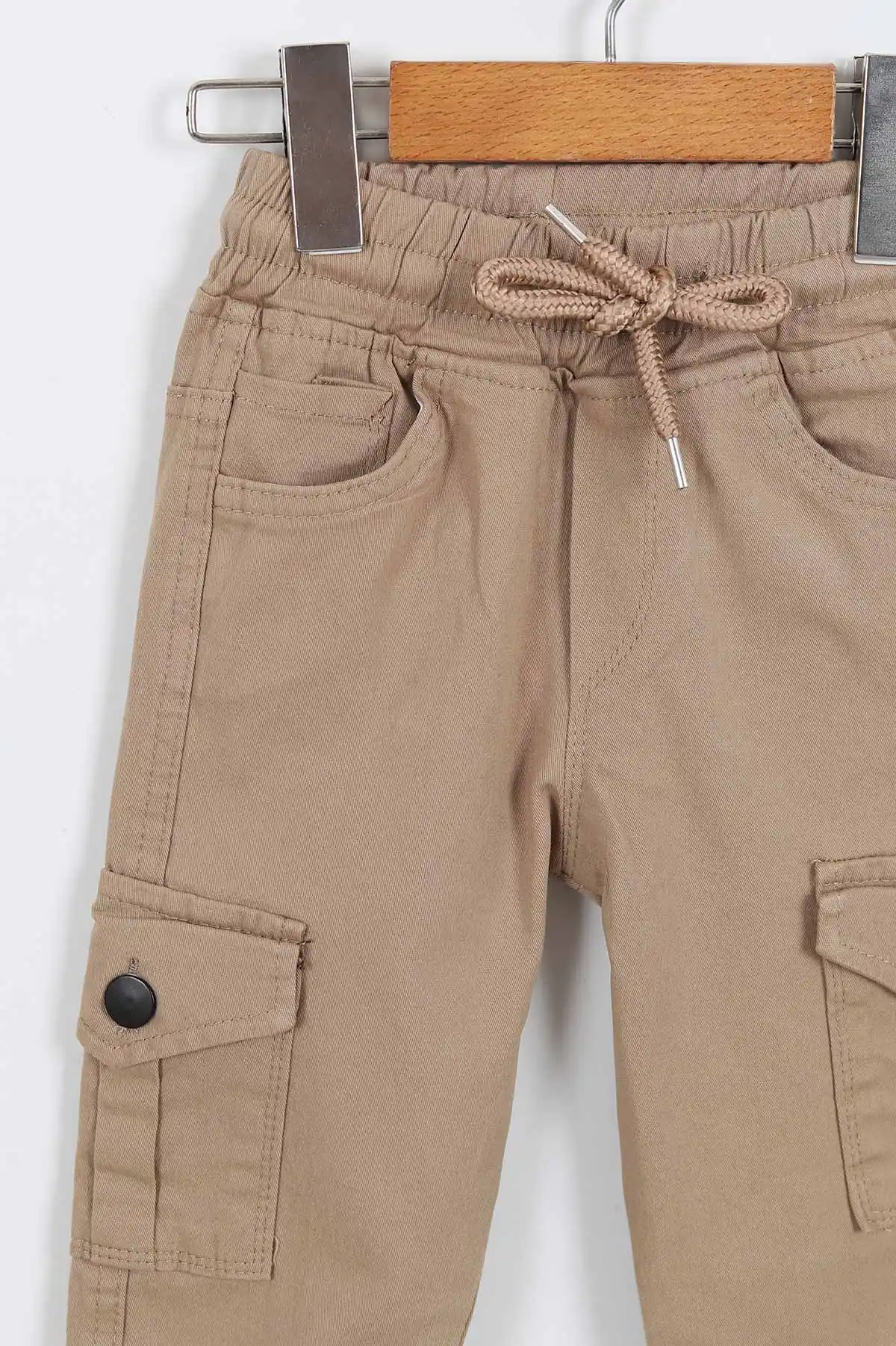 Bej (8-12 Yaş ) Kargo Cepli Paça Lastikli Erkek Çocuk Keten Pantolon 322650