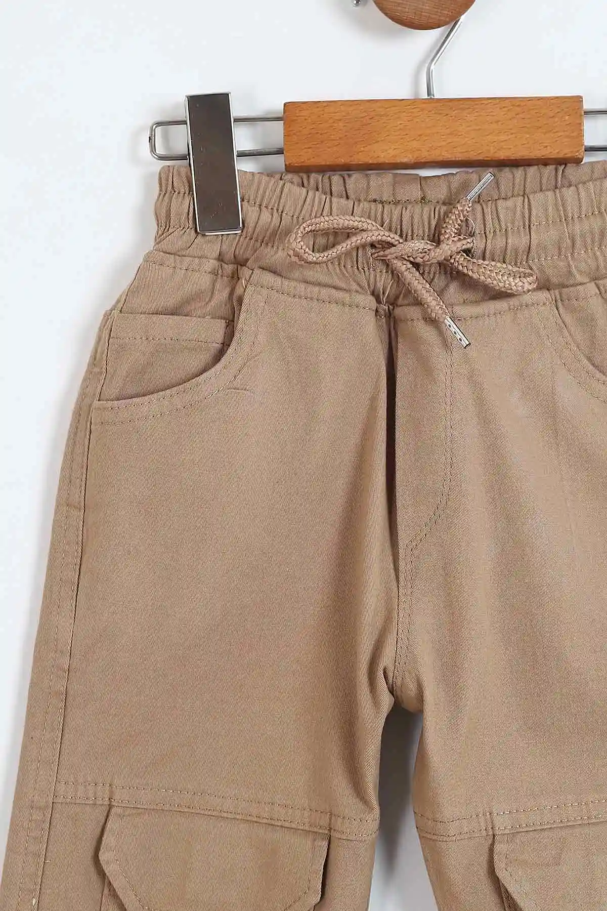Bej (8-12 Yaş ) Önden Kargo Cepli Paça Lastikli Erkek Çocuk Keten Pantolon 328573