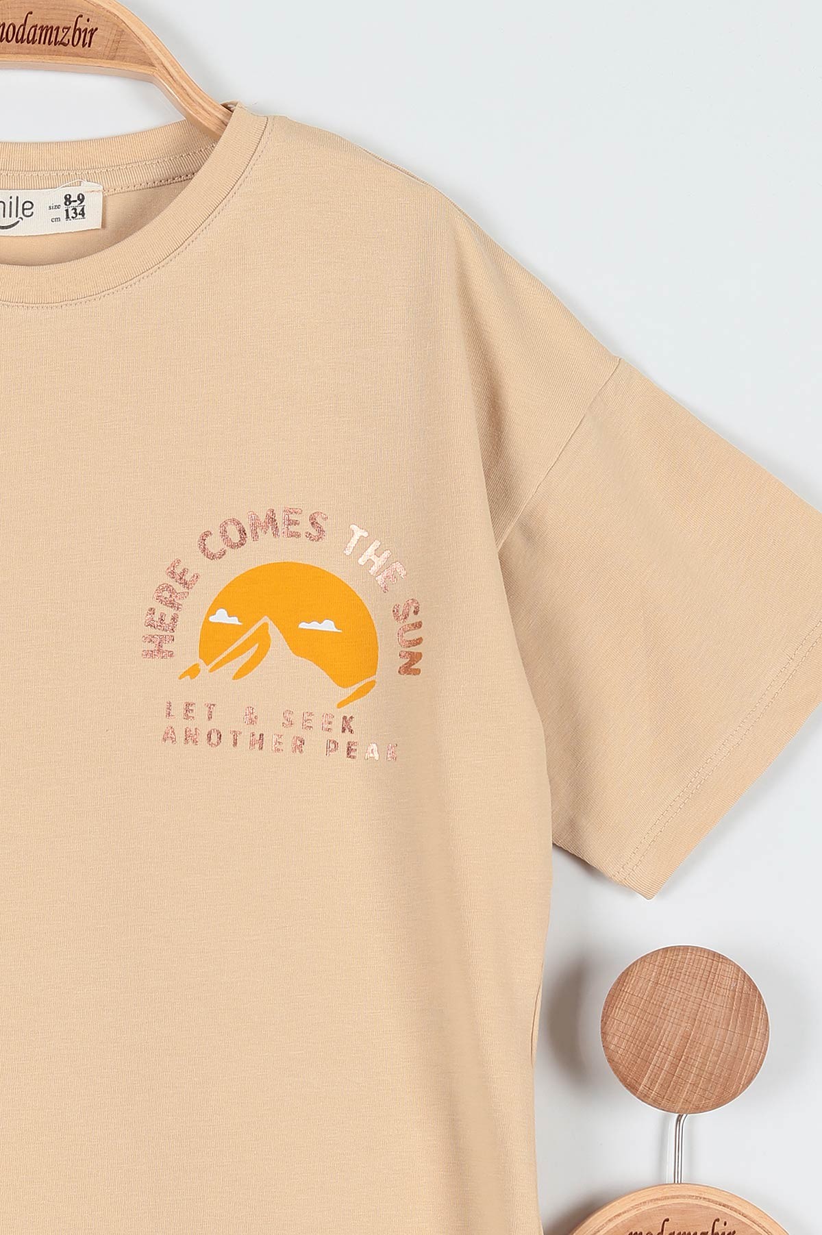 Bej (9-12 Yaş) Here Comes The Sun Baskılı Taytlı Kız Çocuk Takım 189953
