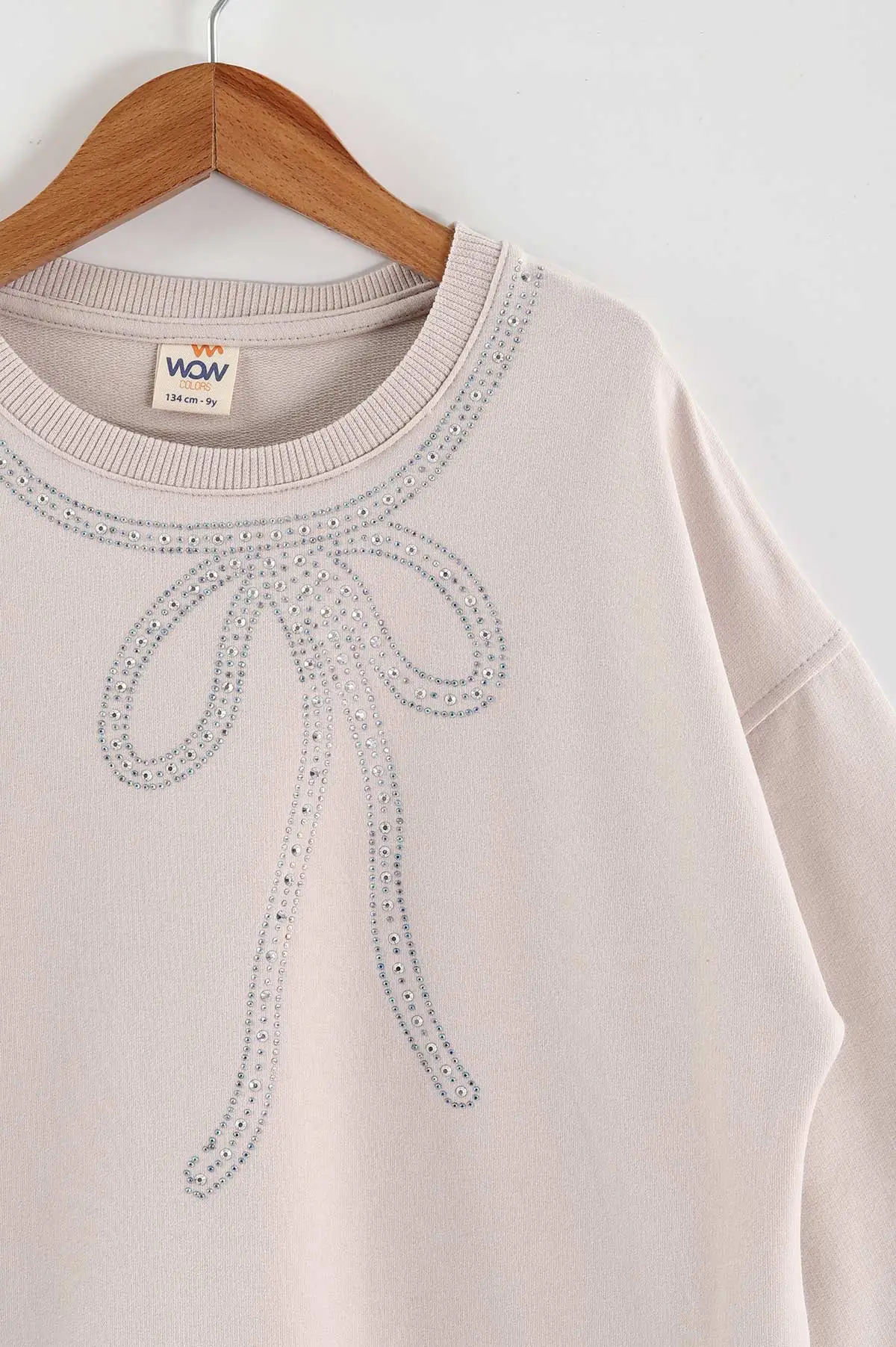 Bej (9-12 Yaş)Taşlı Fiyonklu Kız Çocuk Sweatshirt 432861