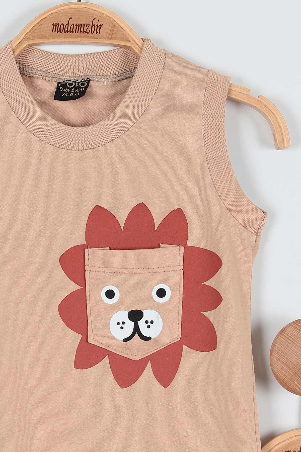 Bej (9-24 Ay) Aslan Baskılı Cep Detaylı Erkek Bebe Takım 188206