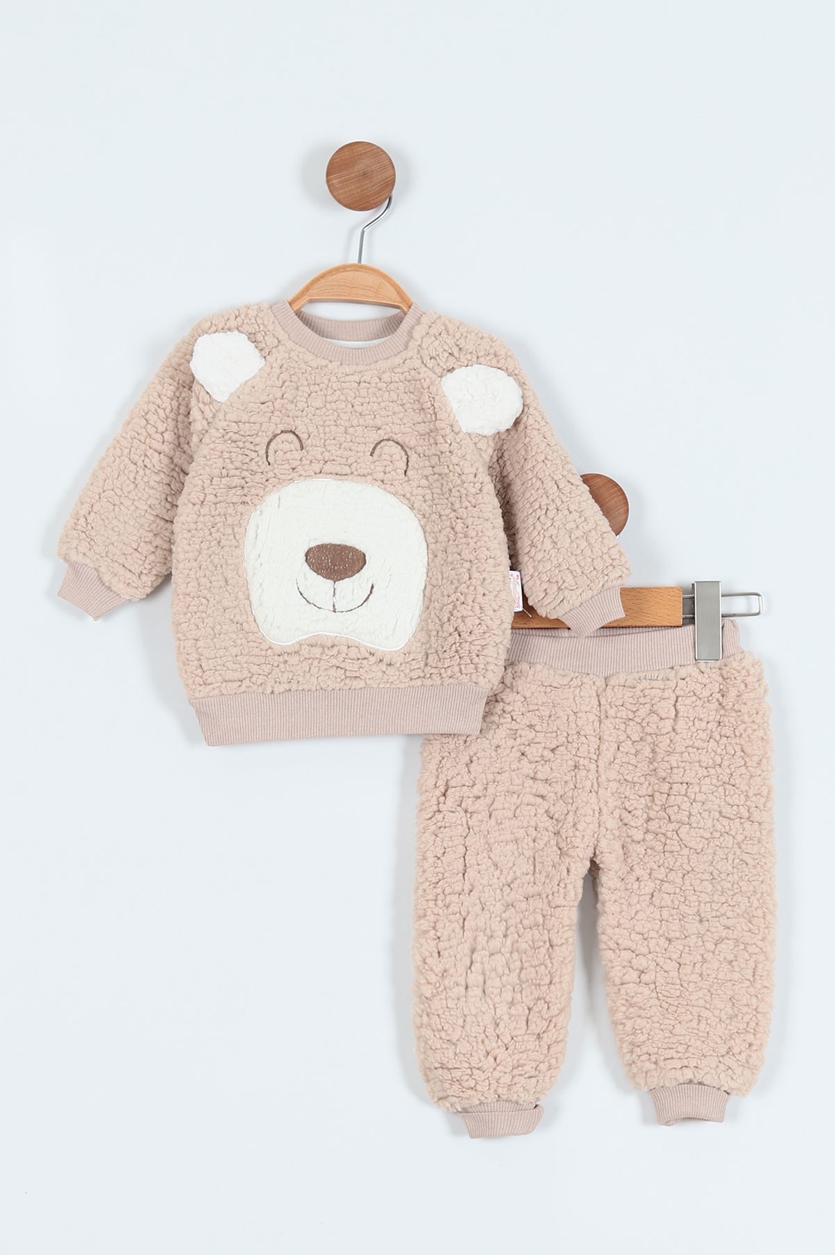 Bej (9-24 Ay) Kulaklı Ayı Nakışlı Welsoft Erkek Bebe Takım 212228