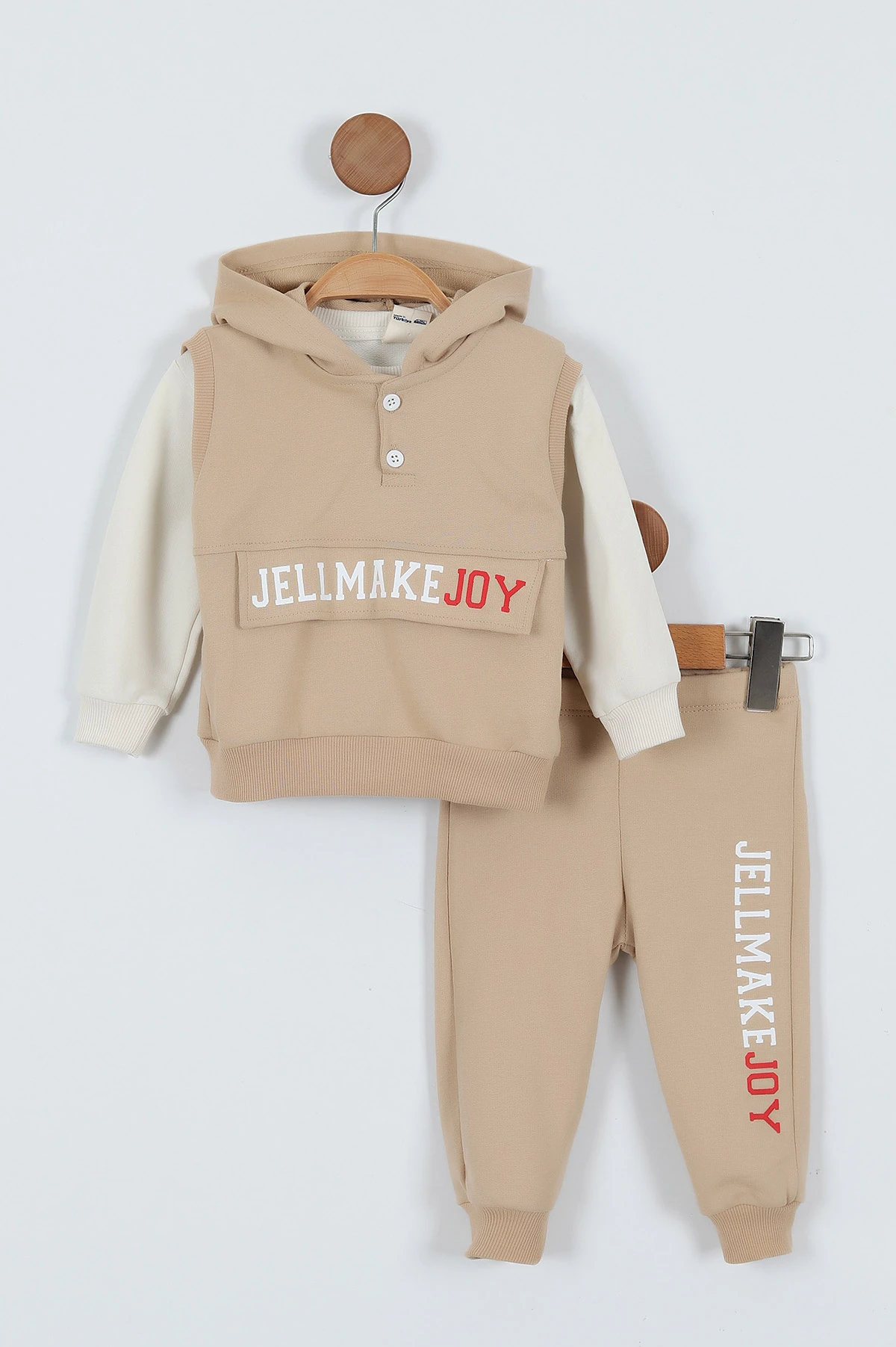 Bej (9-24 Ay)Kolsuz Kapüşonlu Sweatshirtlü Erkek Bebek Takım 345276