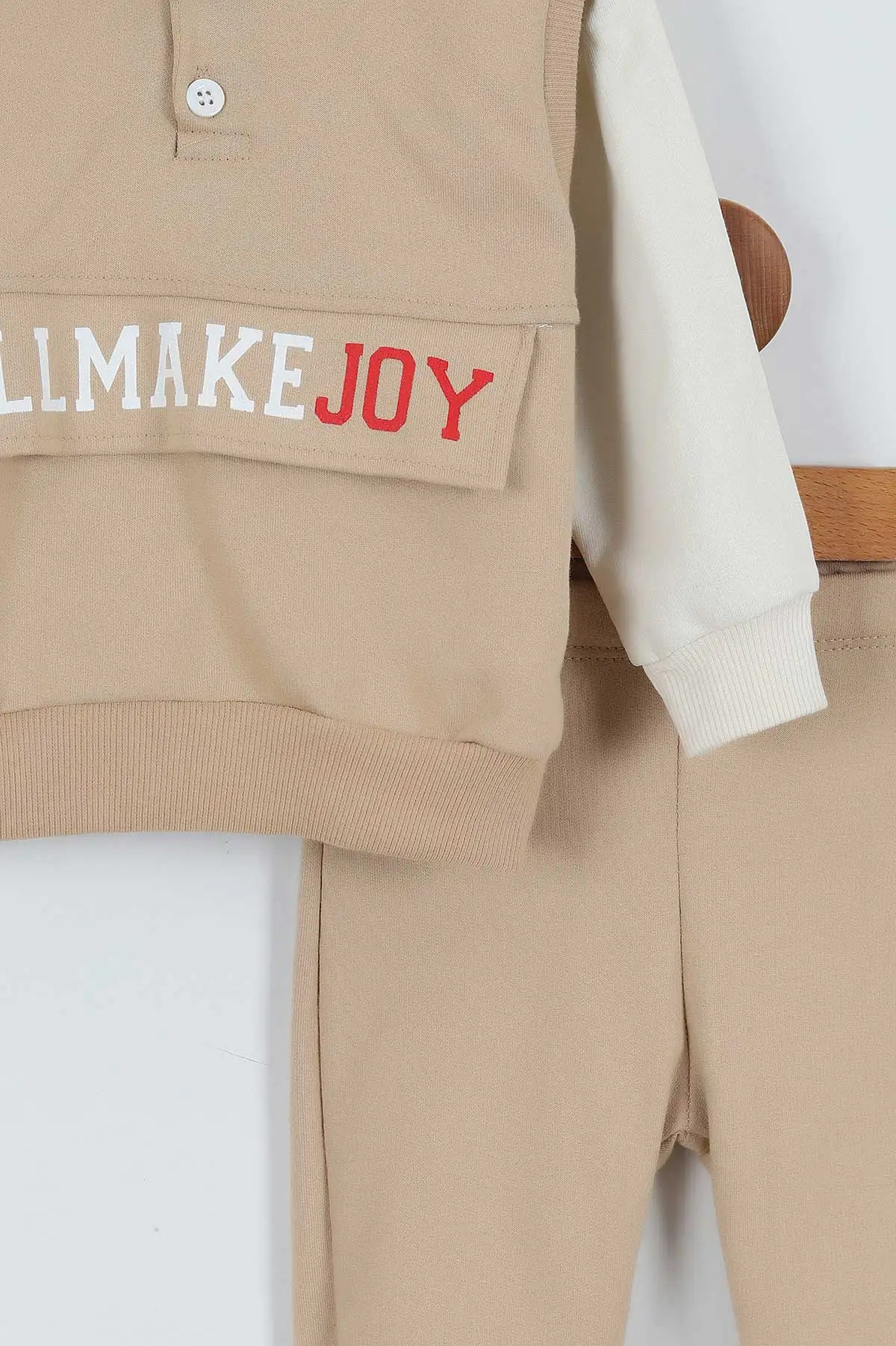 Bej (9-24 Ay)Kolsuz Kapüşonlu Sweatshirtlü Erkek Bebek Takım 345276