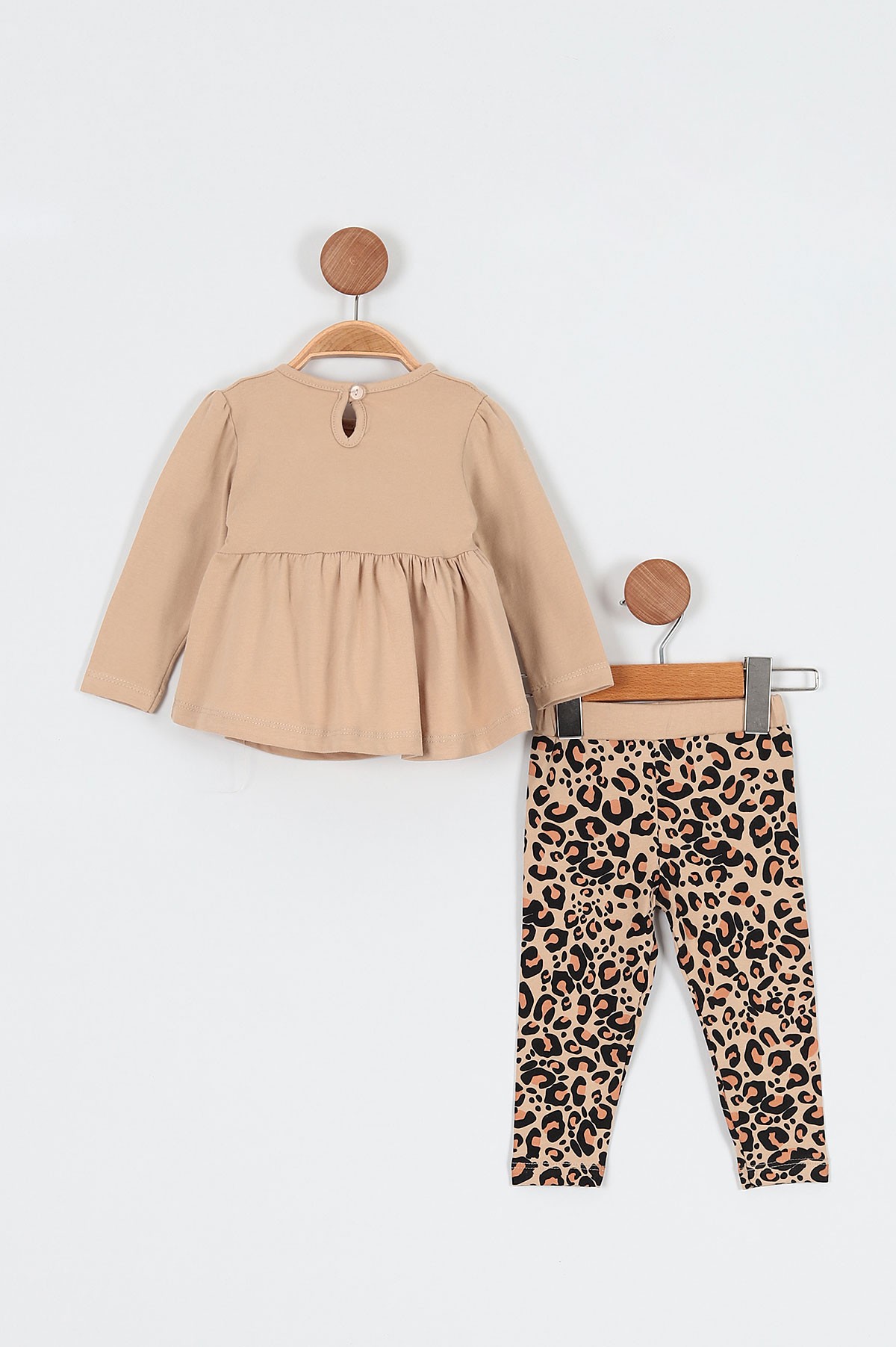 Bej (9-36 Ay) Fiyonk Motifli Fare Baskılı Leoparlı Kız Bebe Takım 198432