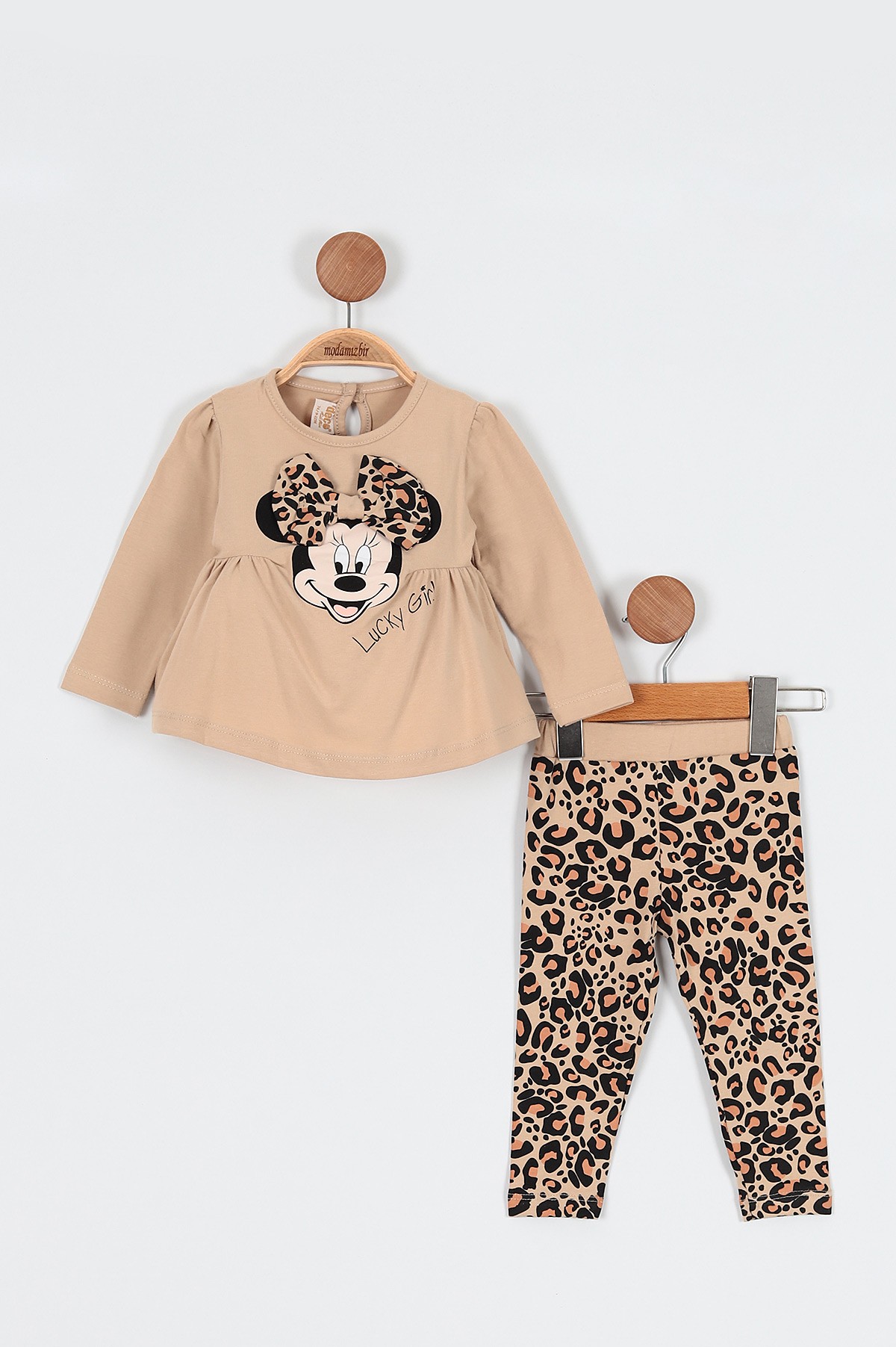 Bej (9-36 Ay) Fiyonk Motifli Fare Baskılı Leoparlı Kız Bebe Takım 198432