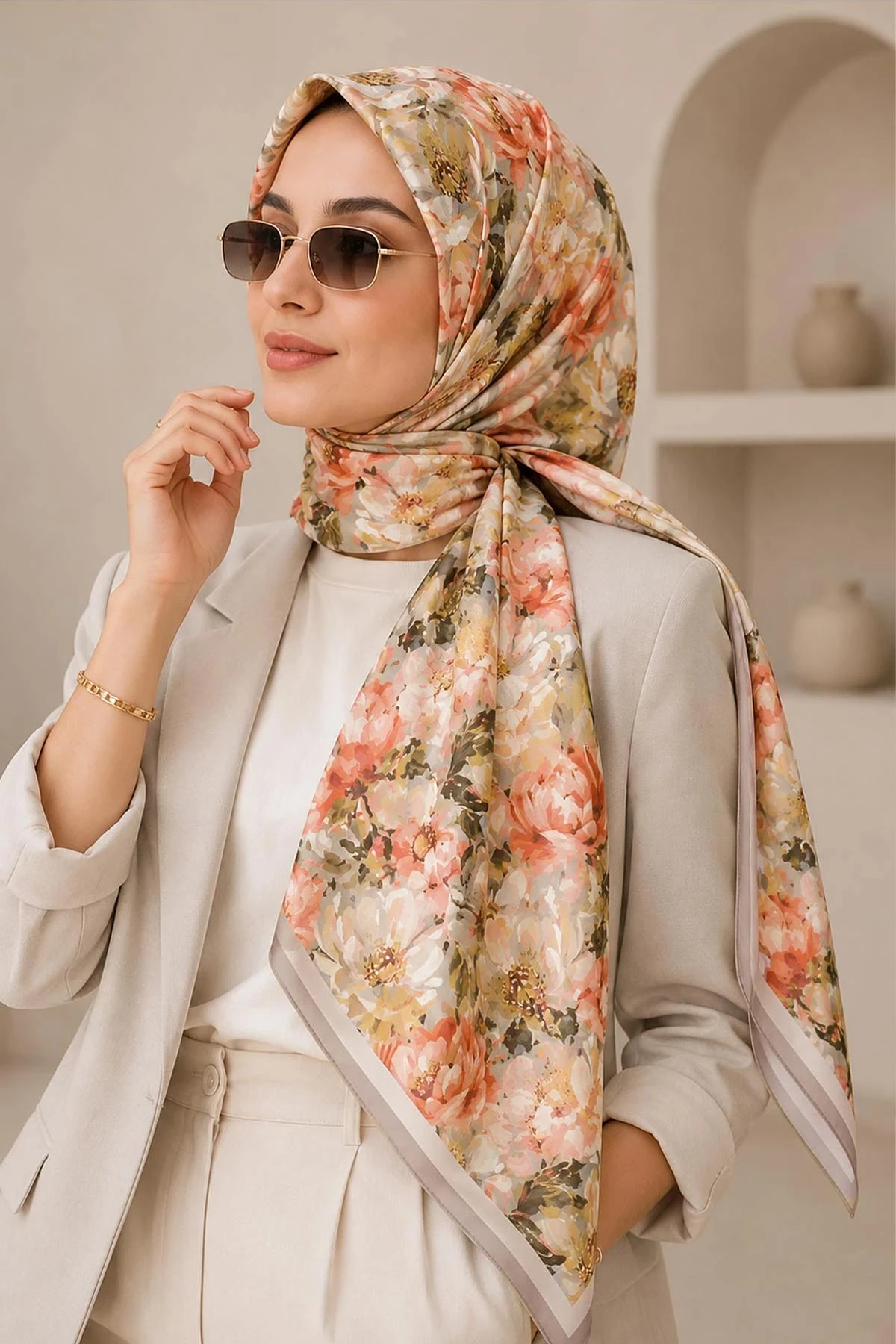 Bej 95x95 Cm Dijital Baskılı Botanik Desen Soft Eşarp 473304