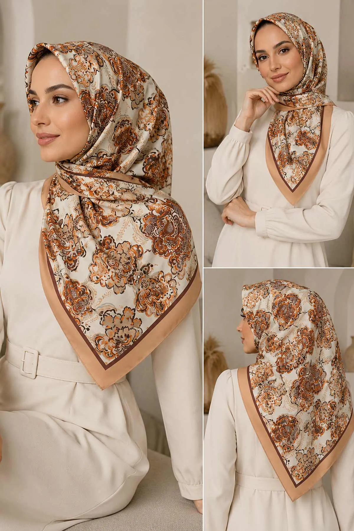 Bej 95x95 Cm Dijital Baskılı Mercan Desen Soft Eşarp 473265