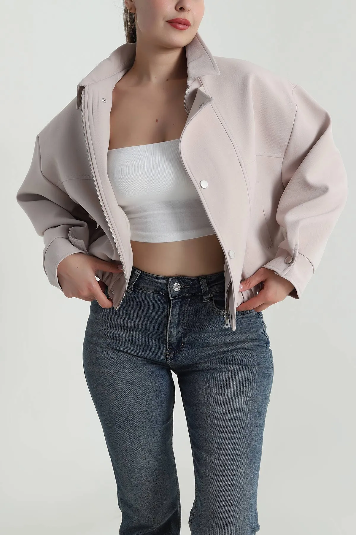 Bej Aller Detay Dabıl Kadın Bomber Mont 485895