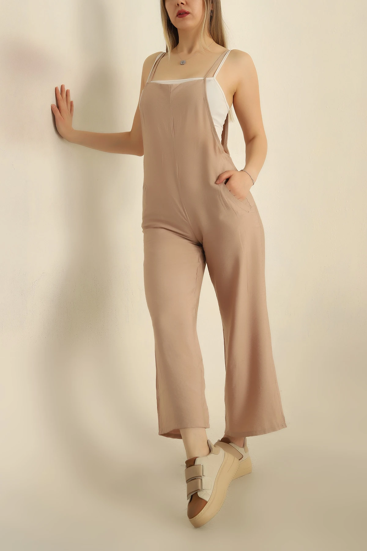 Bej Askılı Keten Tulum 254256