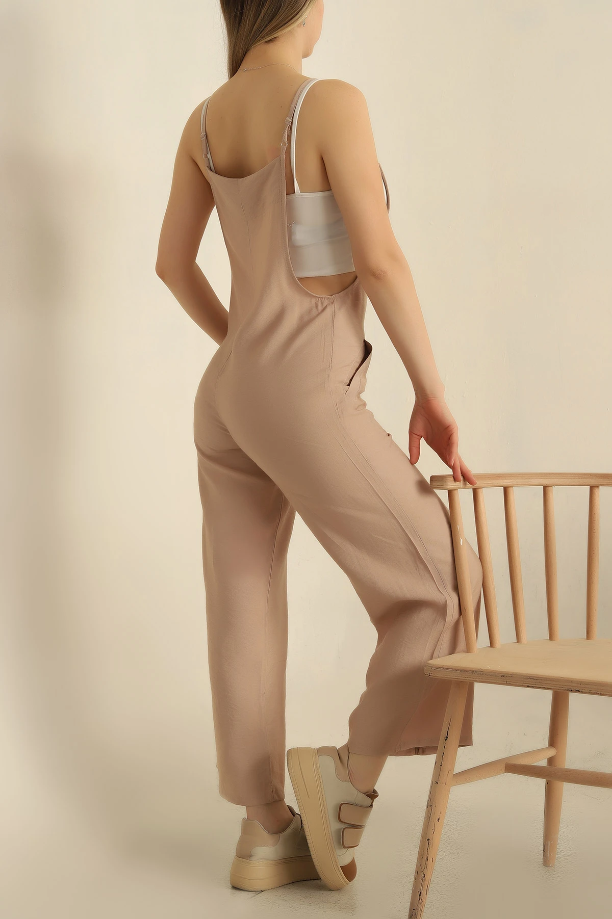 Bej Askılı Keten Tulum 254256