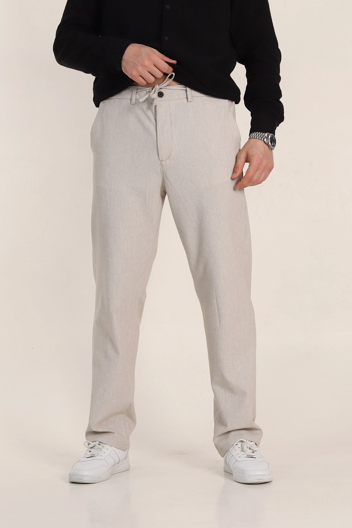 Bej Baggy Bel Arkası Lastikli Gofre Kumaş Erkek Pantolon 349732