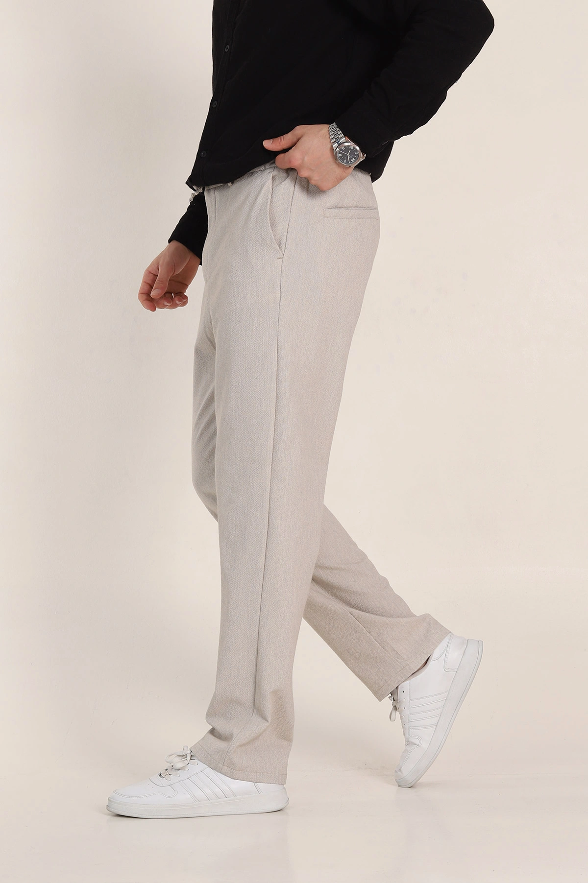 Bej Baggy Bel Arkası Lastikli Gofre Kumaş Erkek Pantolon 349732