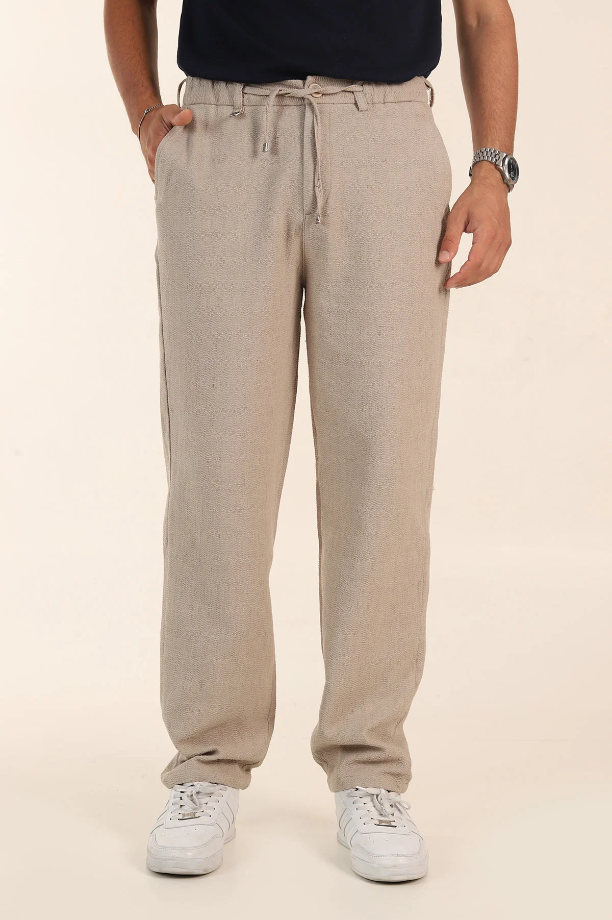 Bej Baggy Dokulu Bel Arkası Lastikli Erkek Pantolon 380909