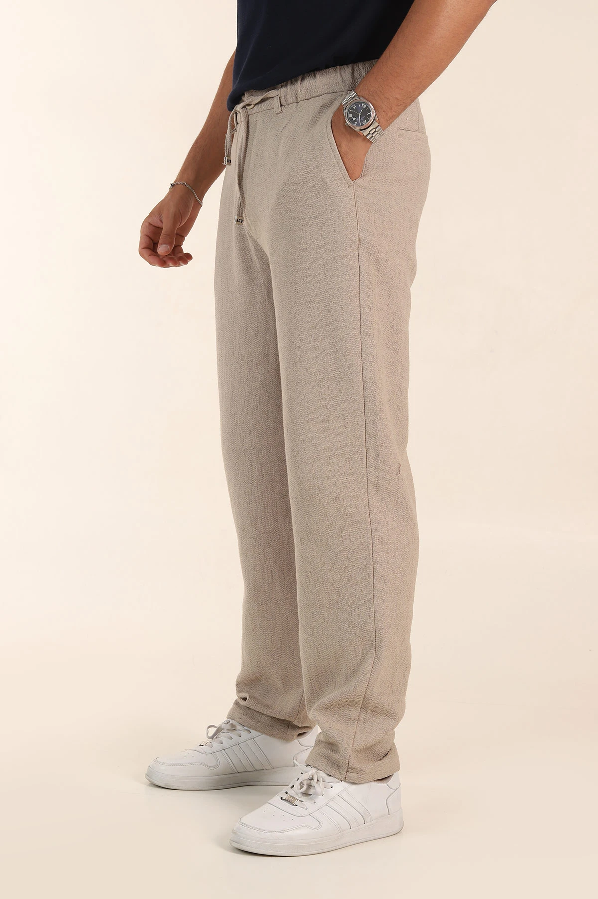 Bej Baggy Dokulu Bel Arkası Lastikli Erkek Pantolon 380909