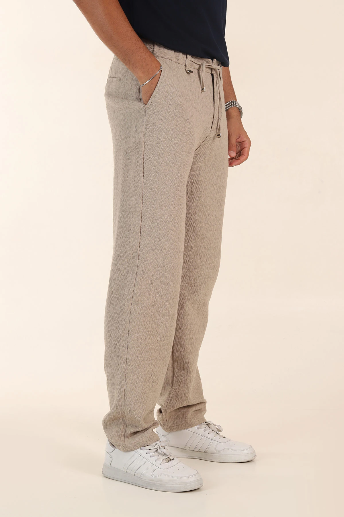 Bej Baggy Dokulu Bel Arkası Lastikli Erkek Pantolon 380909