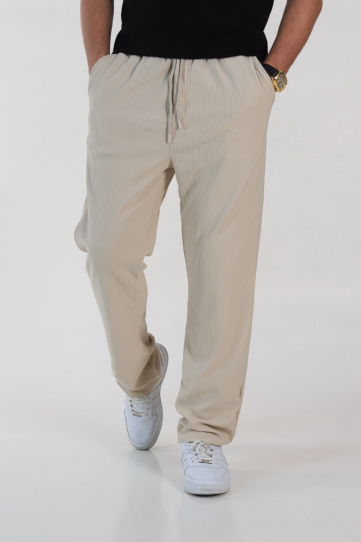 Bej Baggy Fit Bel Bağlamalı Kesik Paça Erkek Jogger Pantolon 257472