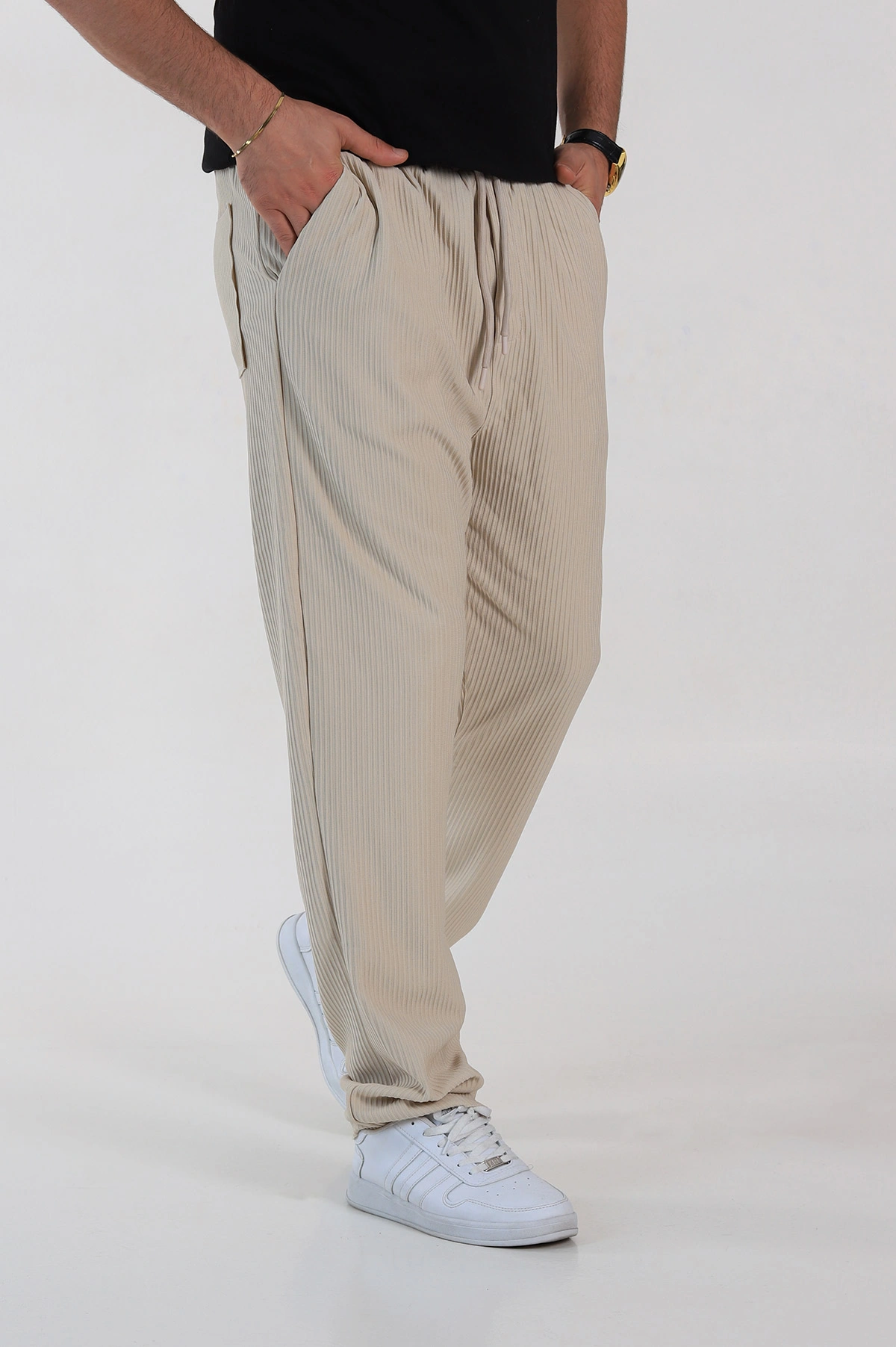 Bej Baggy Fit Bel Bağlamalı Kesik Paça Erkek Jogger Pantolon 257472