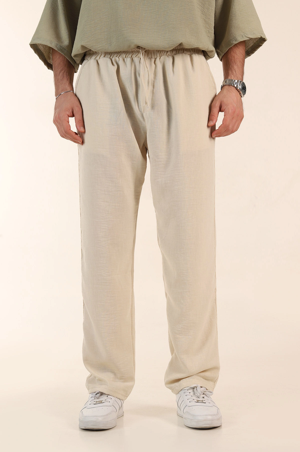 Bej Baggy Keten Bel Lastikli Erkek Eşofman Altı 364076
