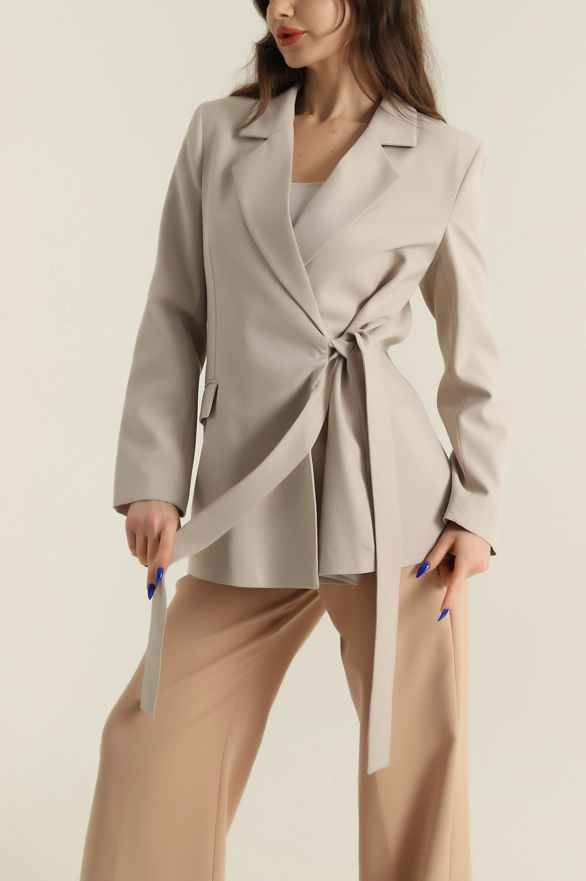 Bej Bağlamalı Oversize Poliviskon Kadın Ceket 425394
