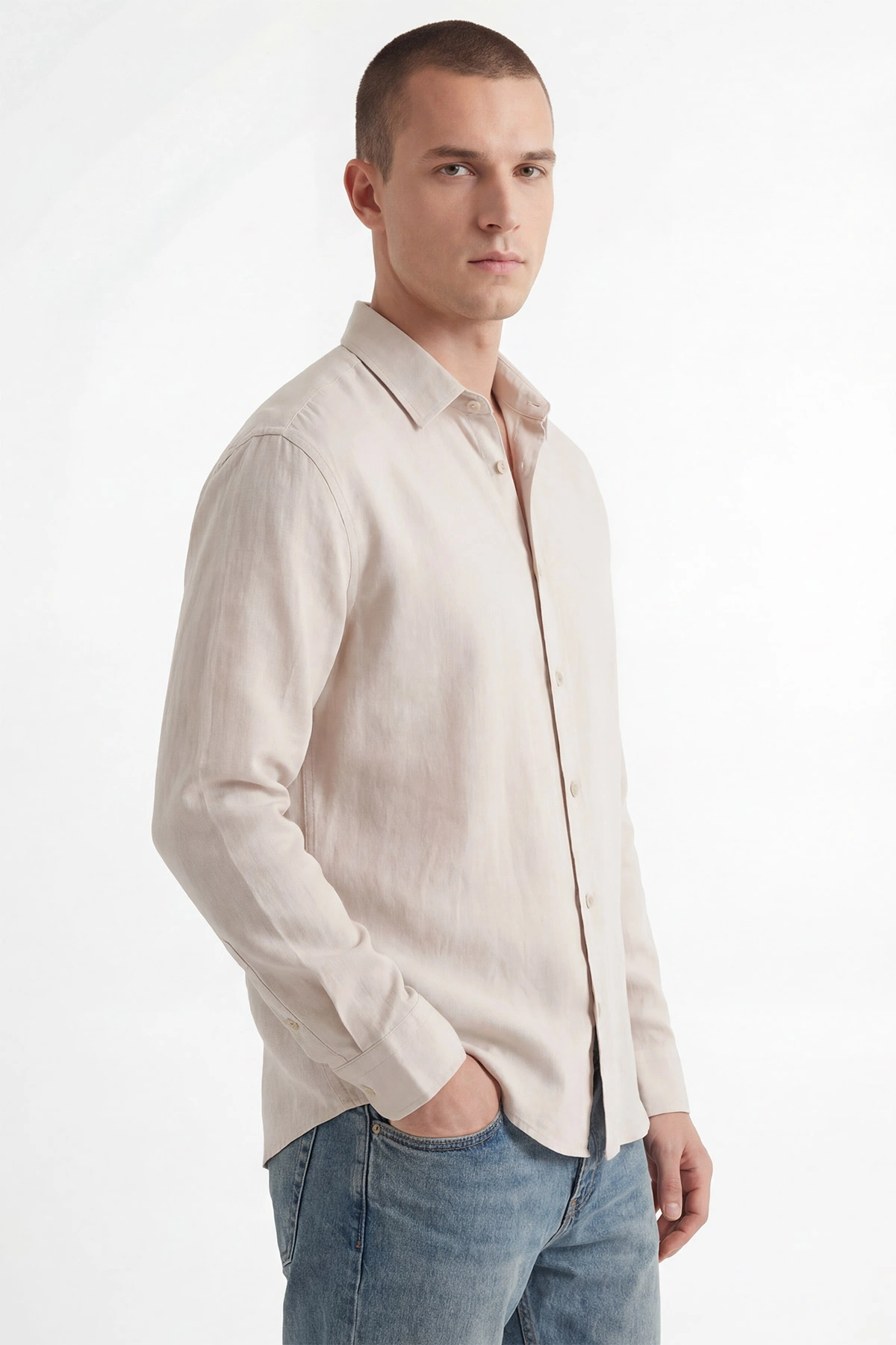 Bej Bambu Keten Oversize Erkek Gömlek 449838