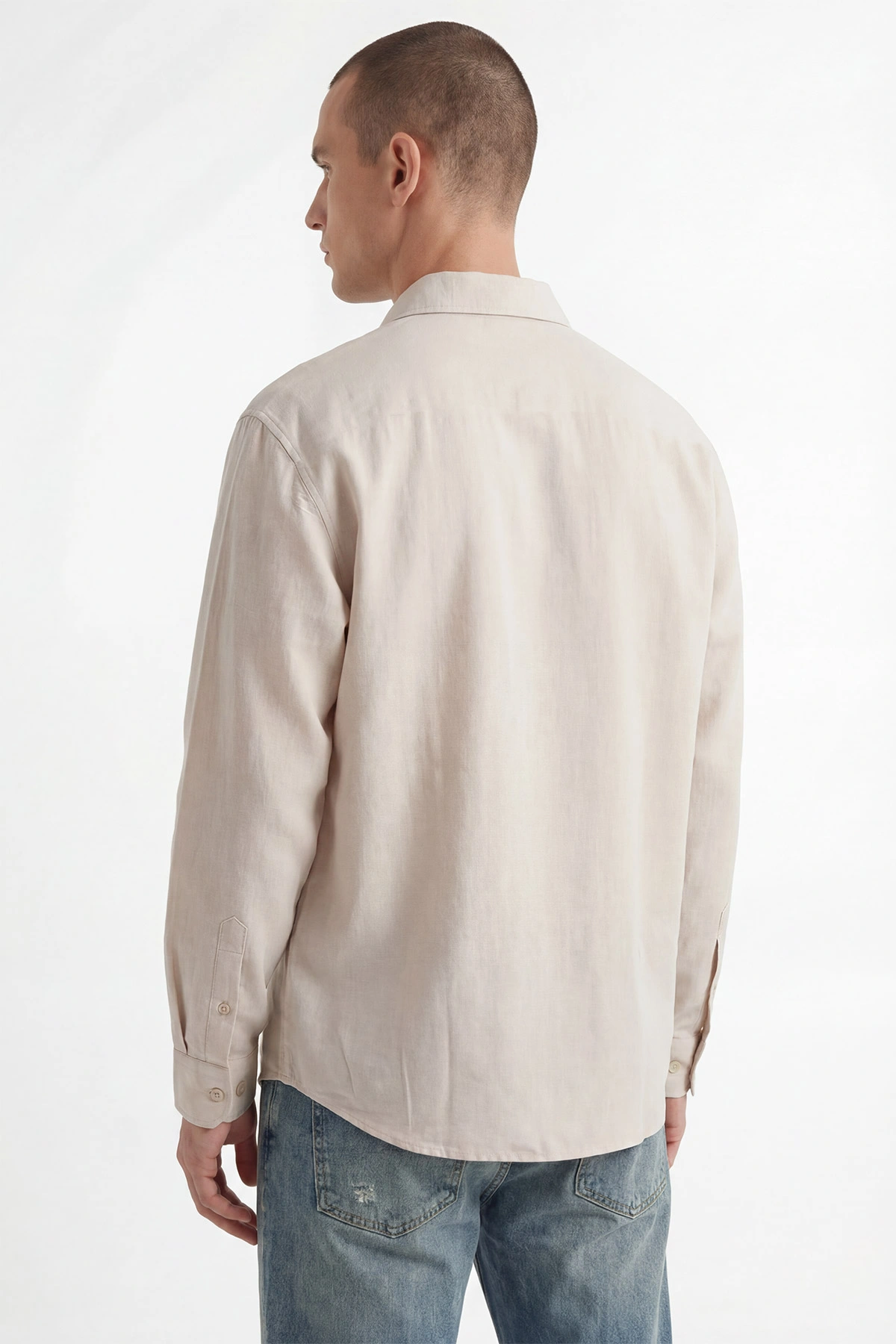 Bej Bambu Keten Oversize Erkek Gömlek 449838