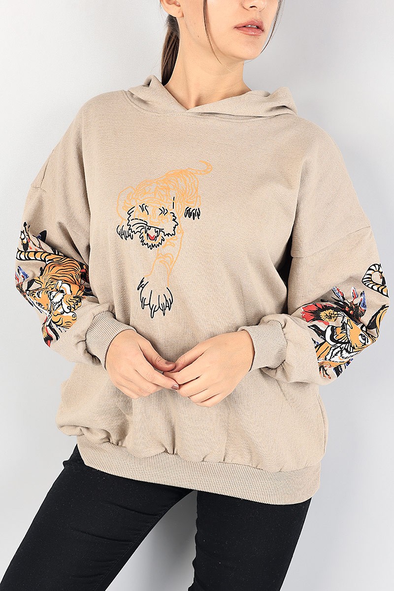 Bej Baskı Detay Şardonlu Bayan Sweat 88409