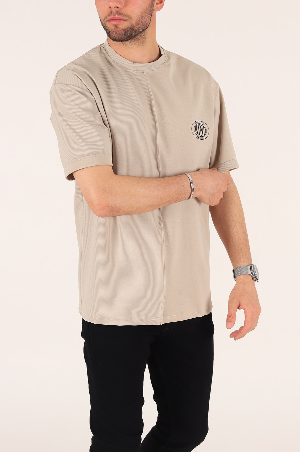 Bej Baskılı Fitilli Oversize Erkek Tişört 177468