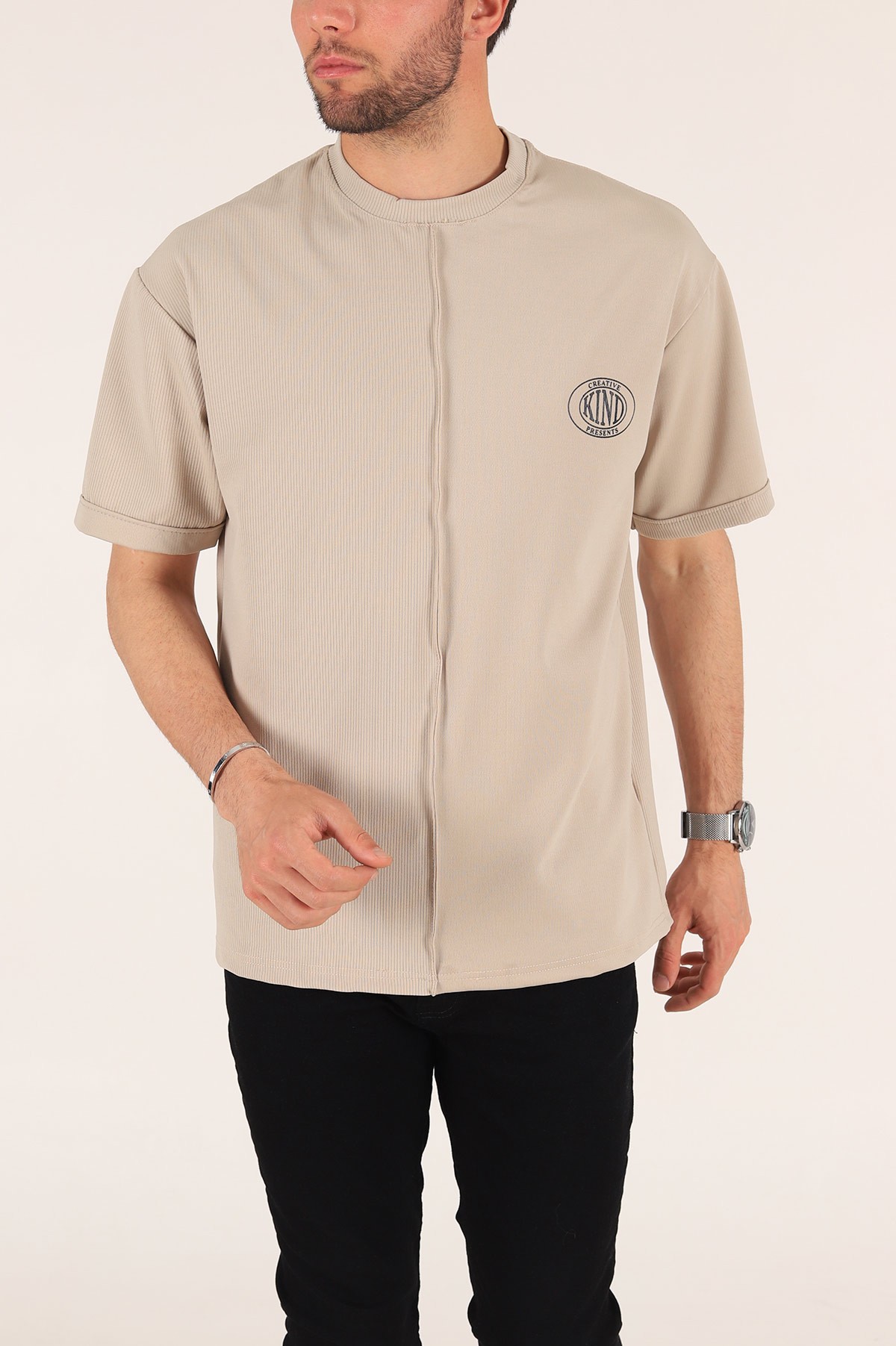 Bej Baskılı Fitilli Oversize Erkek Tişört 177468
