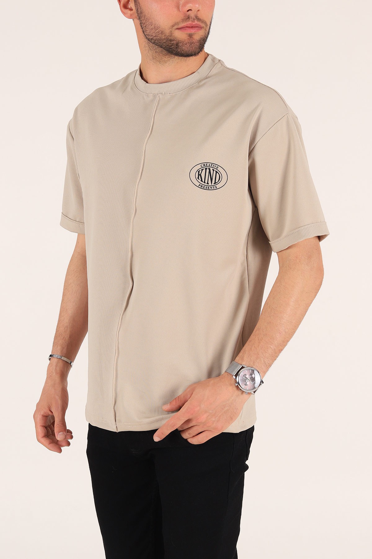 Bej Baskılı Fitilli Oversize Erkek Tişört 177468