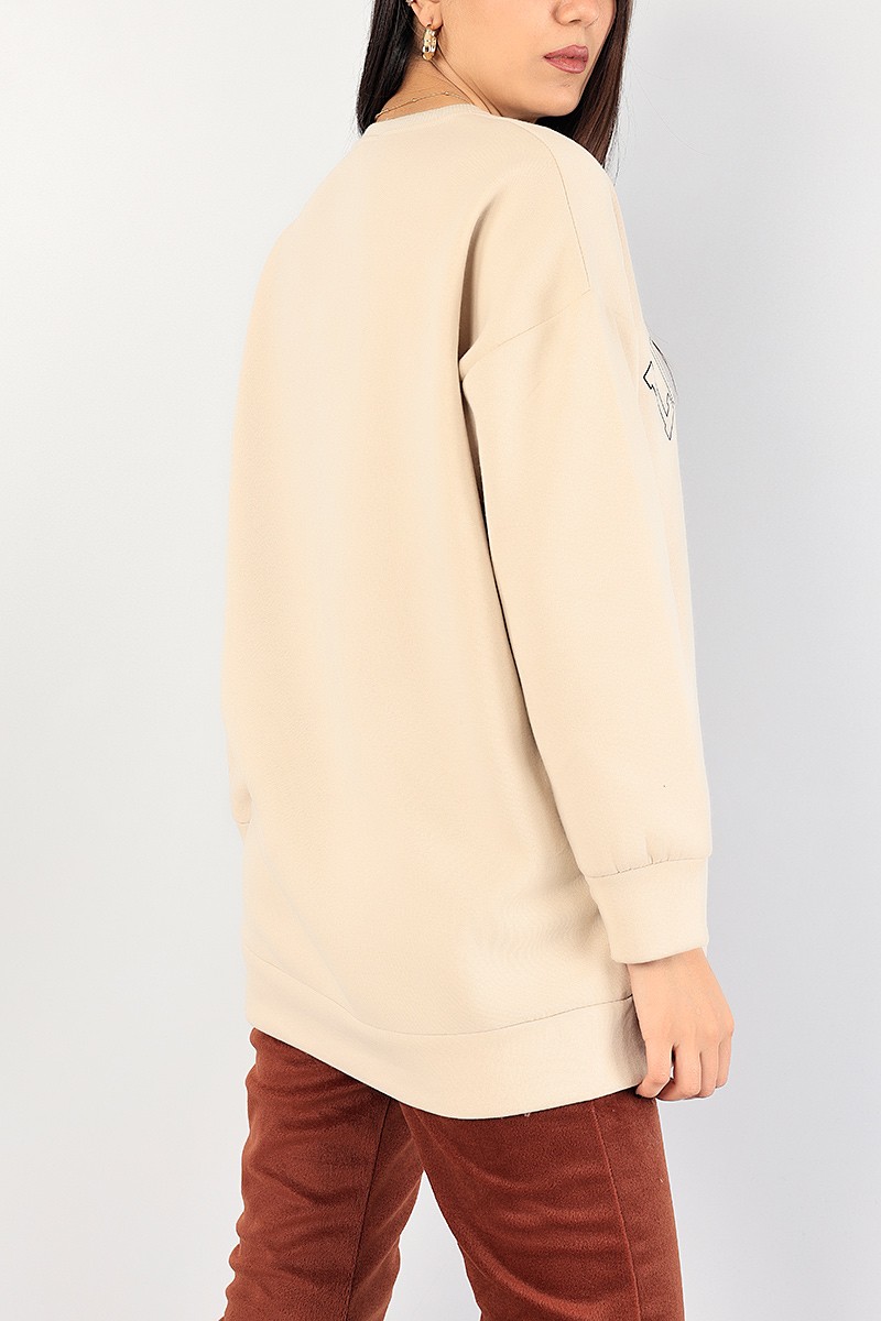 Bej Baskılı İçi Şardonlu Bayan Sweat 85009