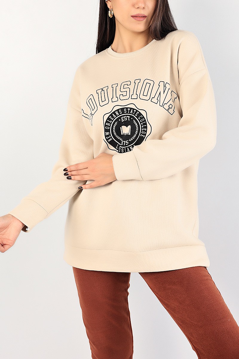 Bej Baskılı İçi Şardonlu Bayan Sweat 85009