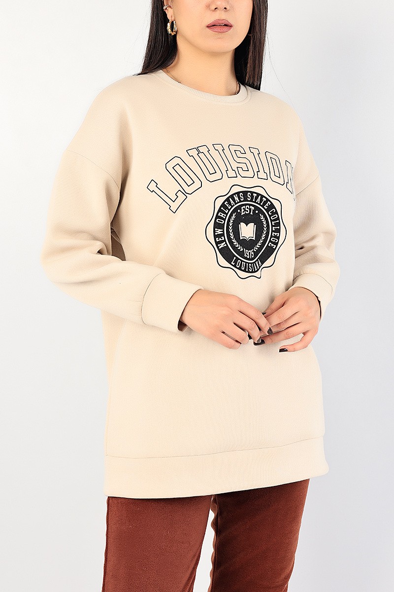 Bej Baskılı İçi Şardonlu Bayan Sweat 85009