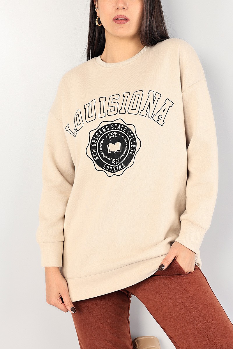 Bej Baskılı İçi Şardonlu Bayan Sweat 85009