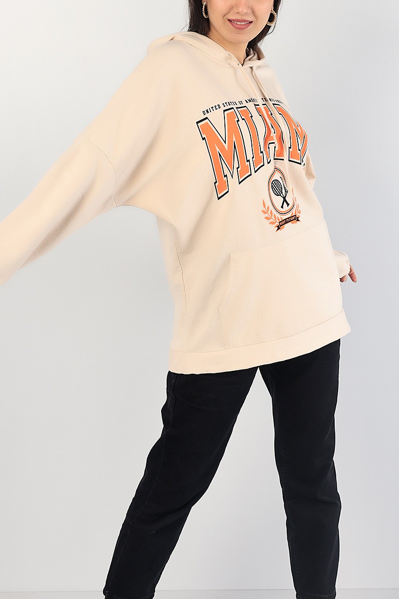 Bej Baskılı Kapüşonlu Bayan Sweat 83375