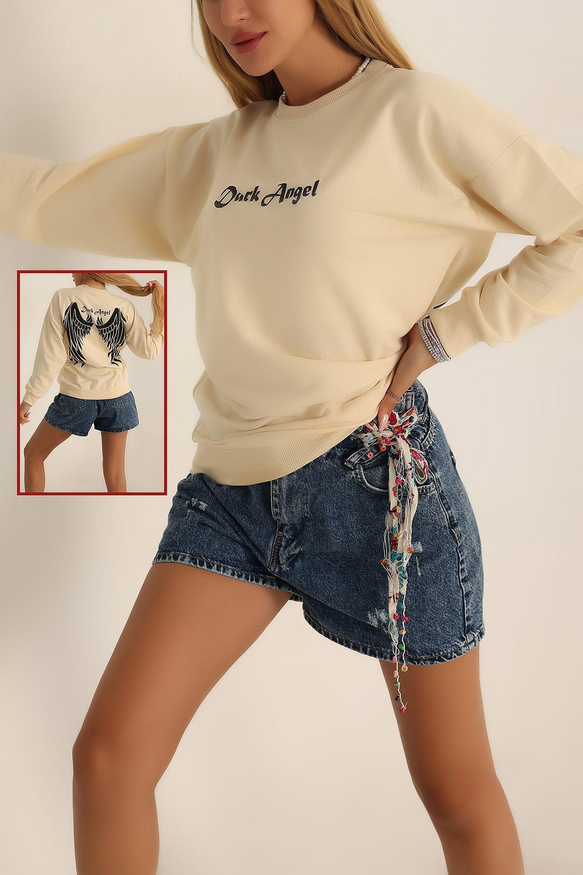 Bej Baskılı Oversize Bayan Sweat 199237