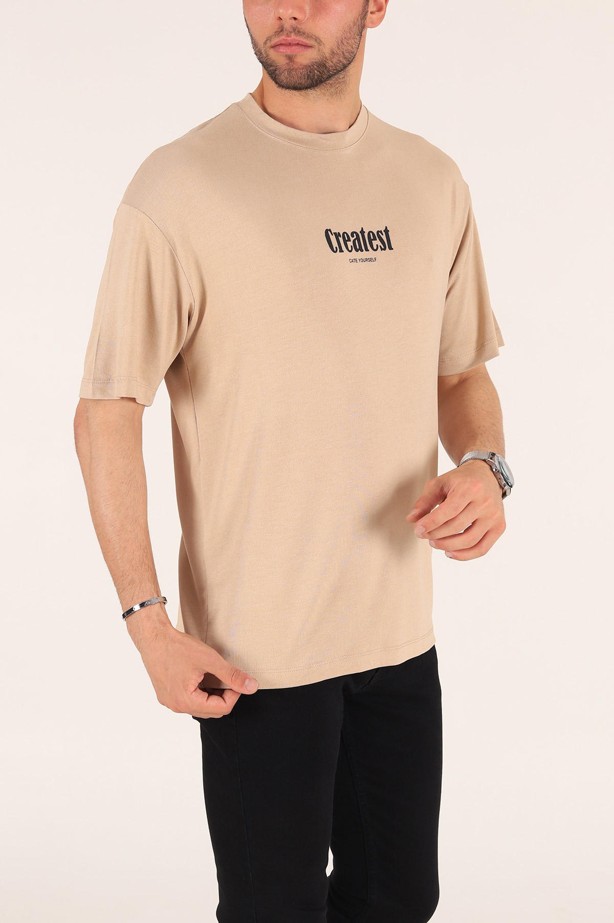 Bej Baskılı Oversize Erkek Tişört 177459