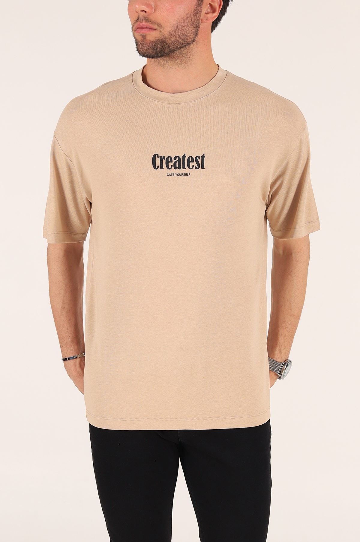 Bej Baskılı Oversize Erkek Tişört 177459