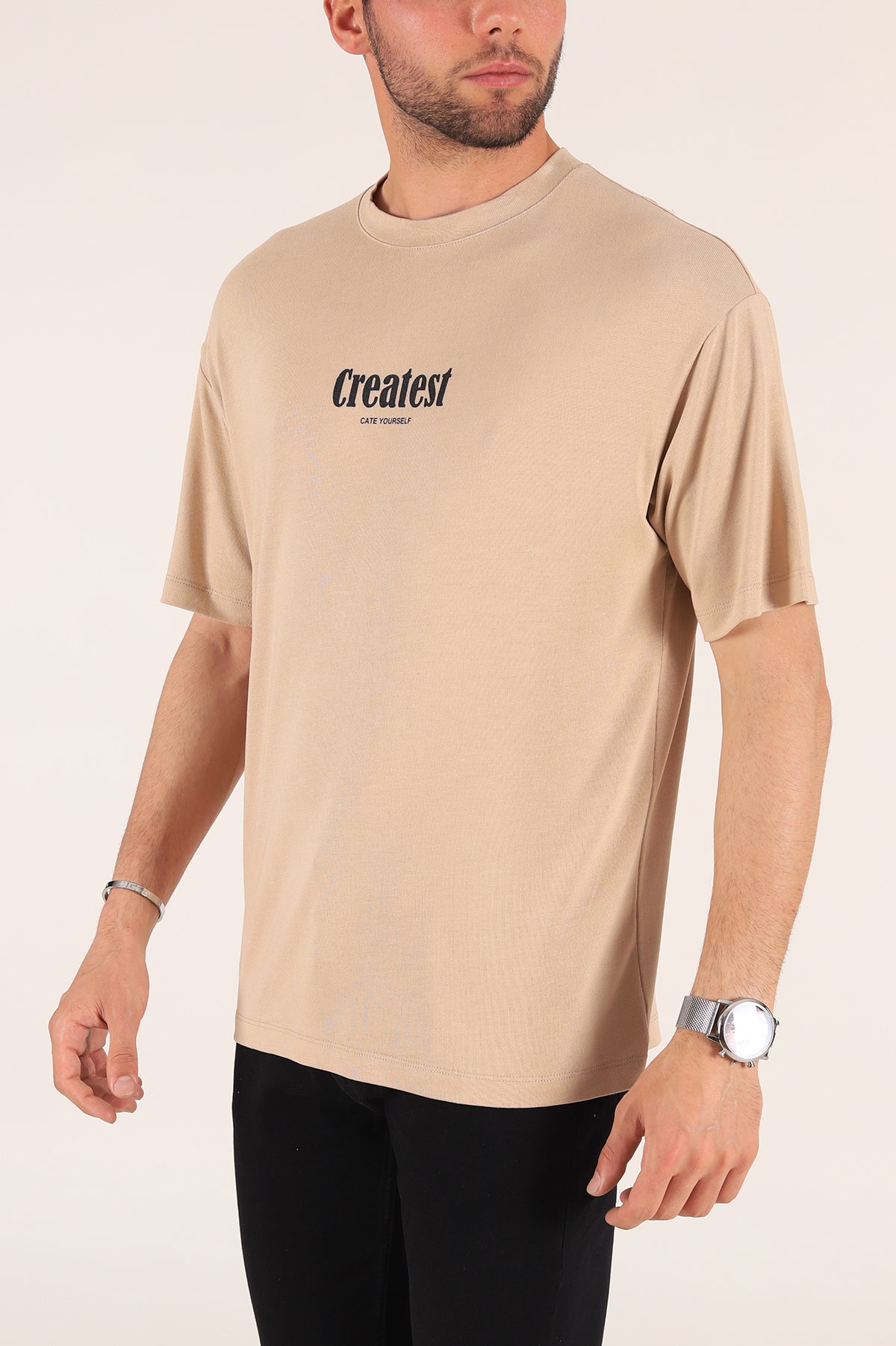 Bej Baskılı Oversize Erkek Tişört 177459