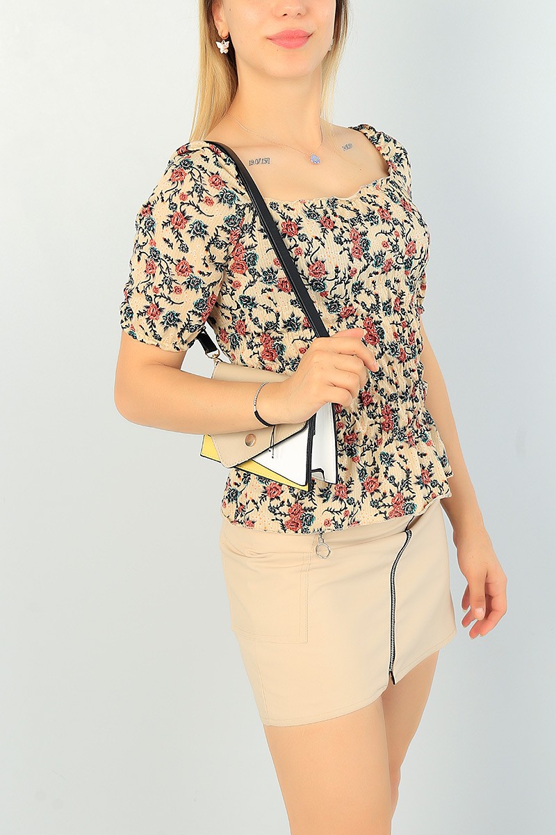 Bej Beli Gipeli Desenli Bluz 67085