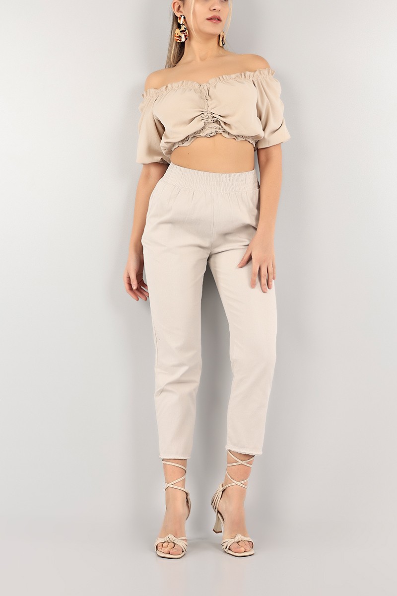 Bej Beli Lastikli Bayan Gabardin Pantolon 103218