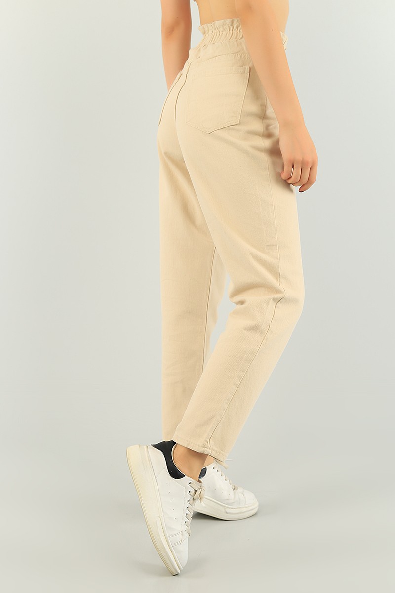 Bej Beli Lastikli Bayan Mom Kot Pantolon 74509