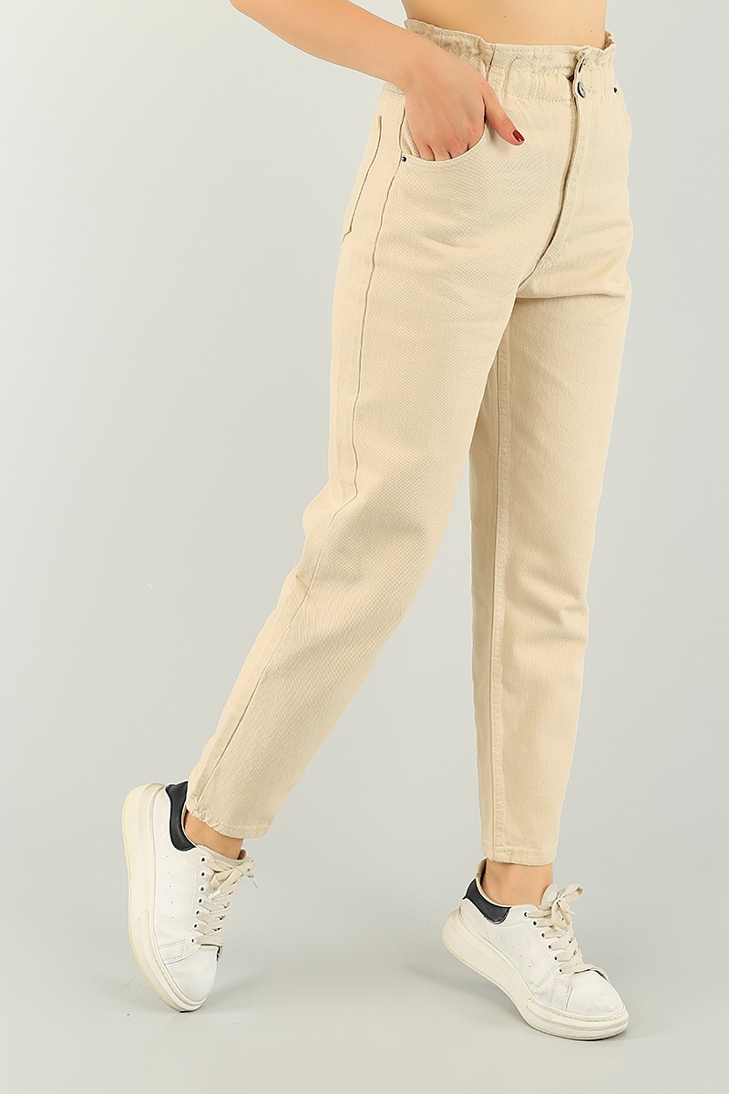 Bej Beli Lastikli Bayan Mom Kot Pantolon 74509