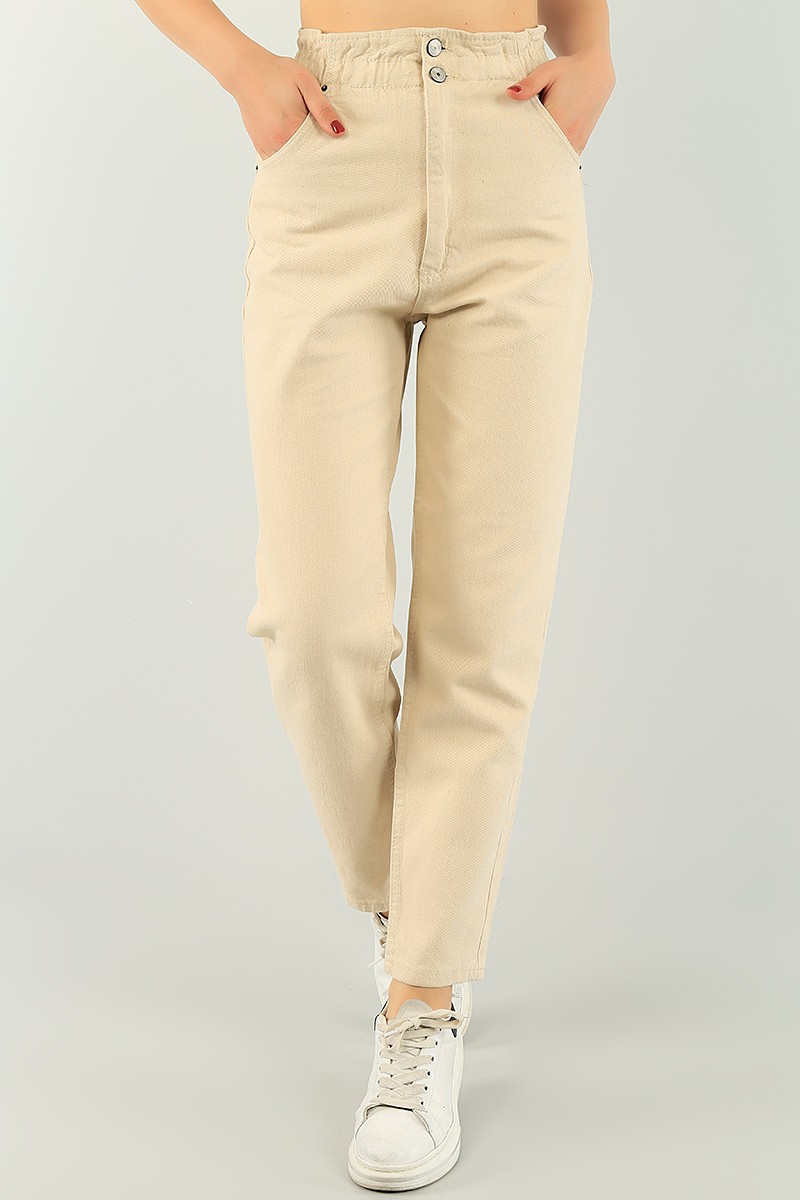 Bej Beli Lastikli Bayan Mom Kot Pantolon 74509