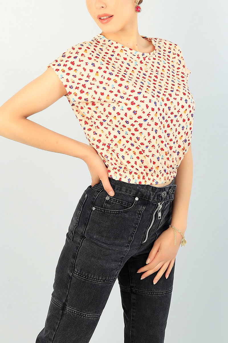 Bej Beli Lastikli Desenli Bluz 70578